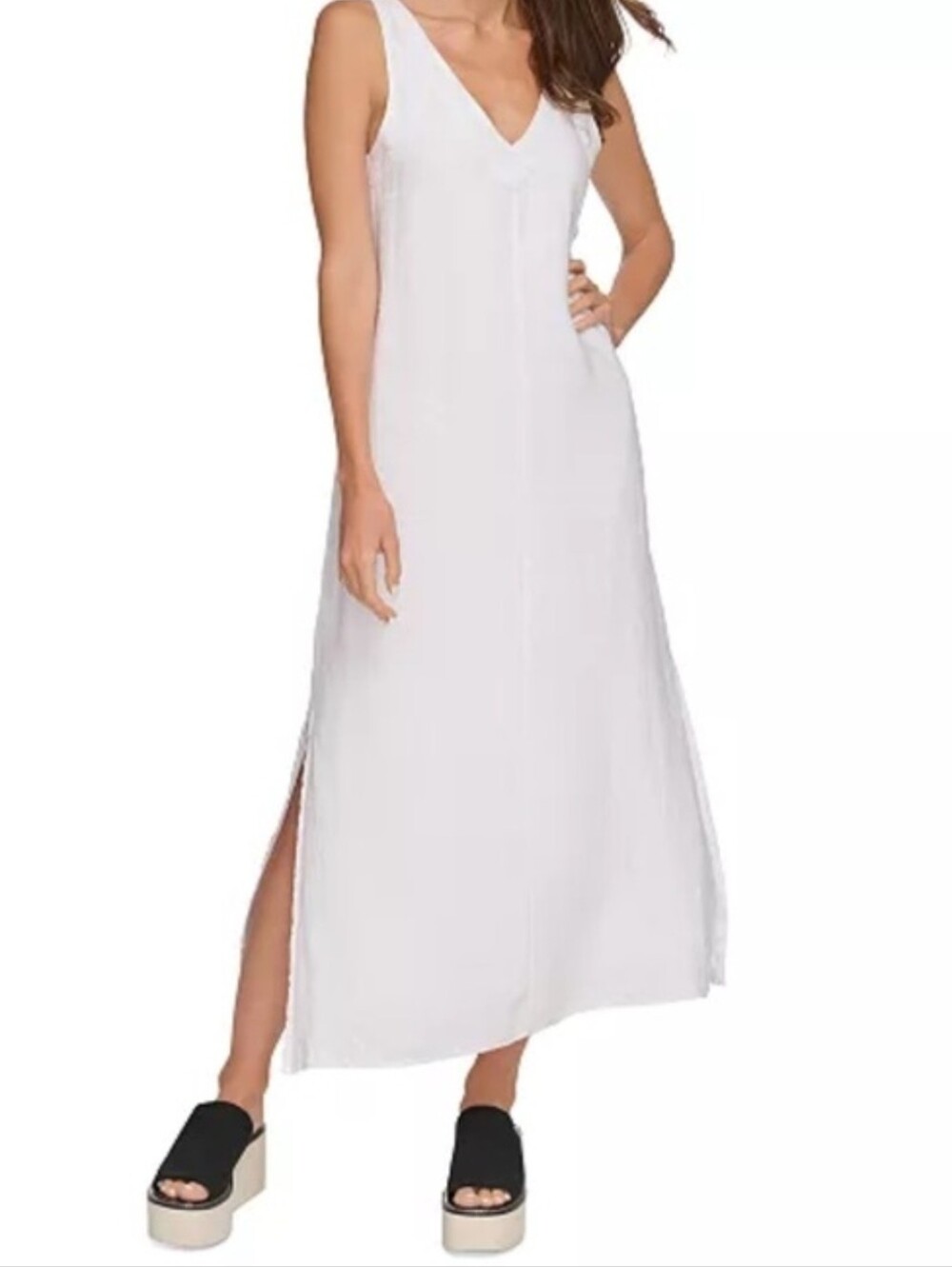 DKNY White V-Neck Sleeveless Linen Maxi Dress